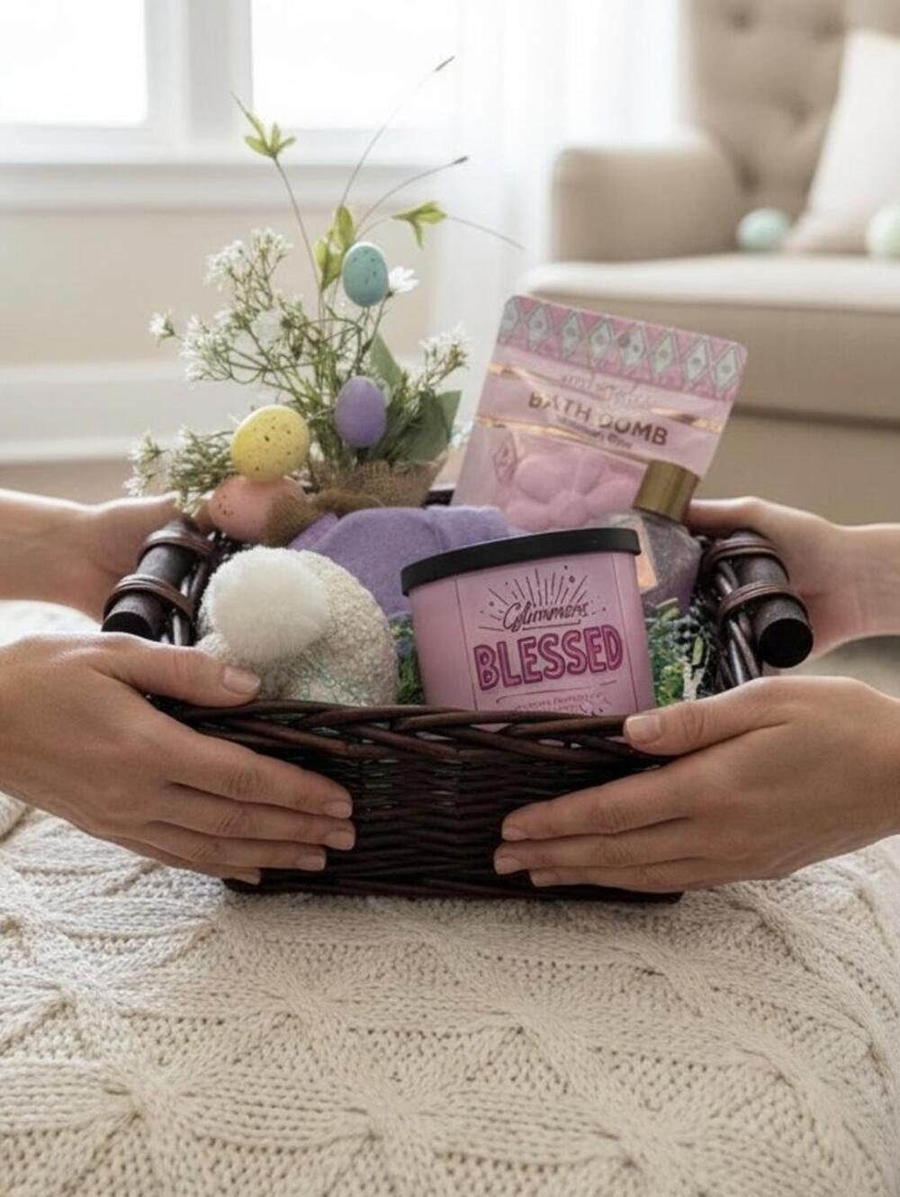 Easter Spa Gift Basket Set  Bunny Butt Decor Candle Bath Bomb
